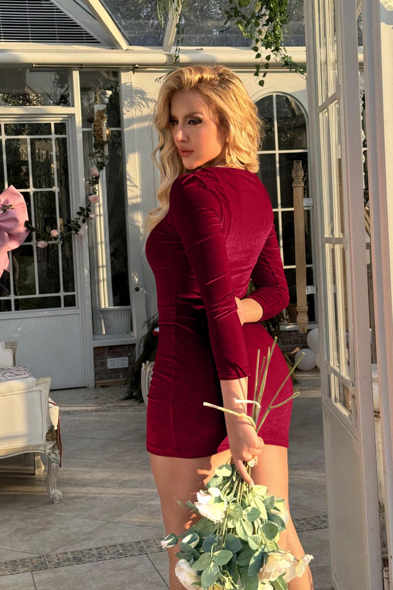 GOBLES Womens Sexy Velvet Long Sleeve Bodycon Elegant Mini Party Dress Wine Red - Image 5